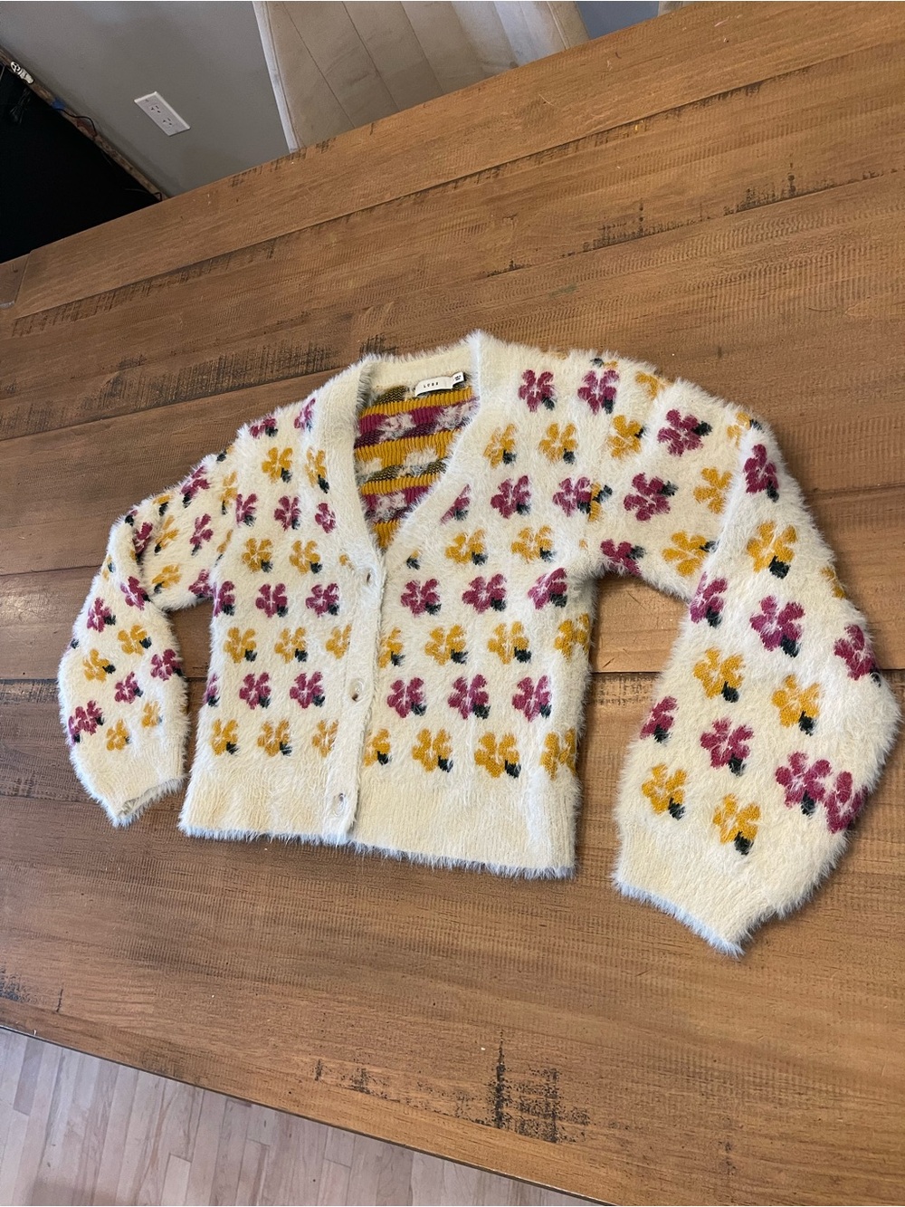 Lush Cream Fuzzy Cardigan with Pink & Yellow Floral Motif